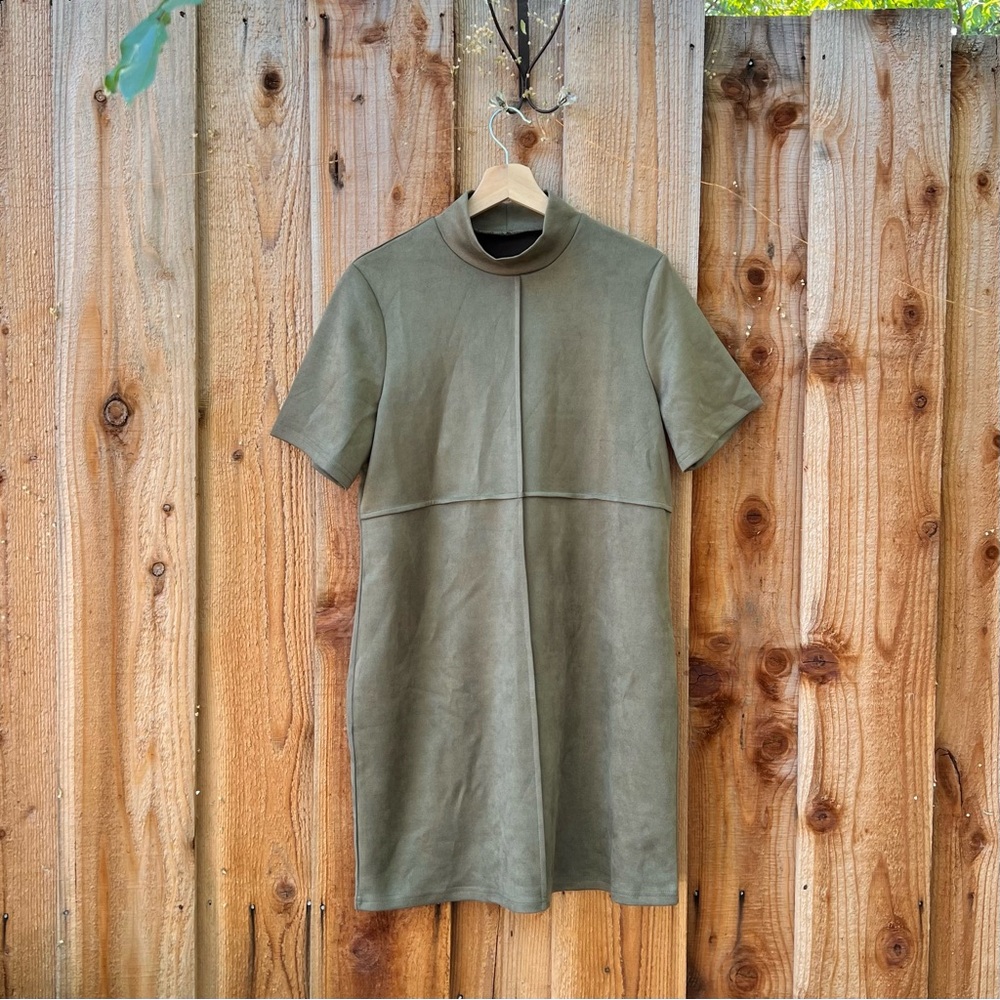 Olive Green Faux Suede Mock-Neck Mini Dress 🌿